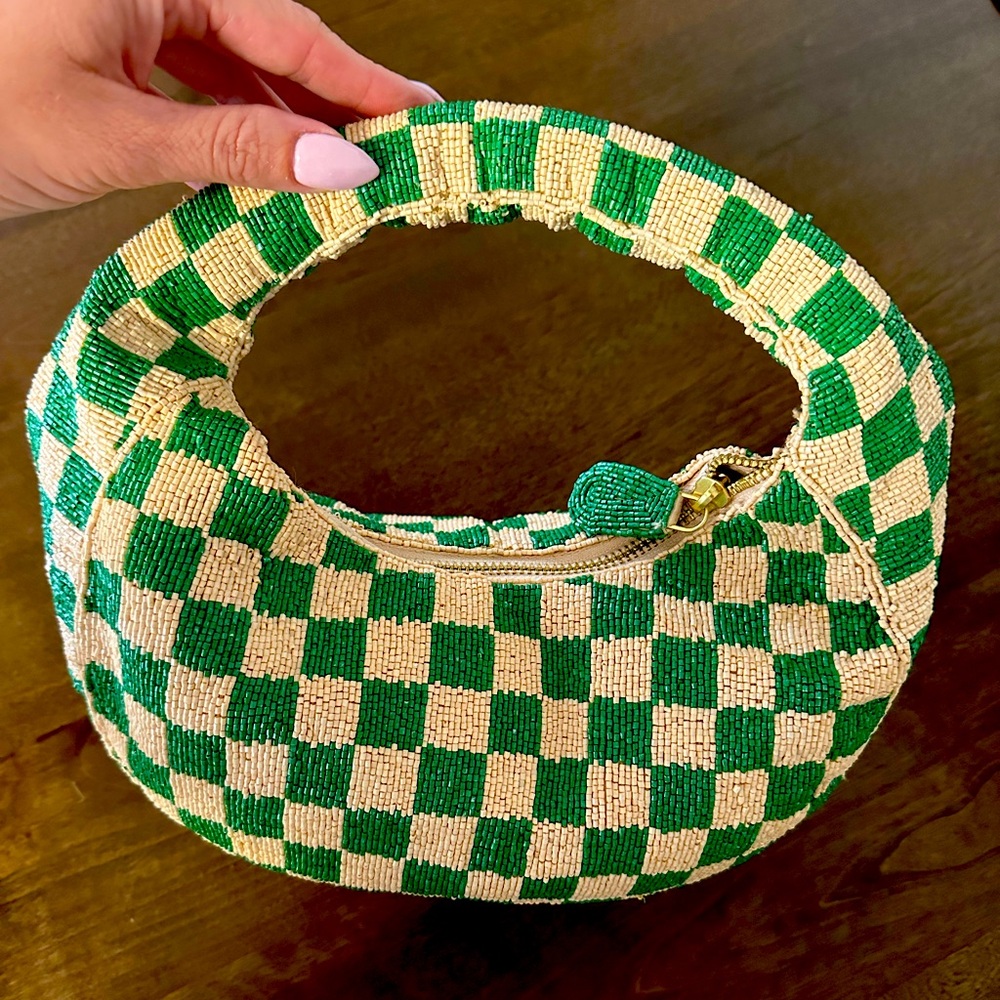 Maeve Beaded Green and Cream Checkered Bag - perfect condition!